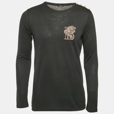Pre-owned Balmain Navy Blue Embroidered Jersey Long Sleeve T-shirt M
