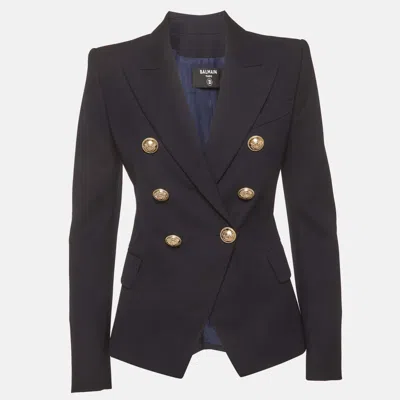 Pre-owned Balmain Navy Blue Gabardine Wool Blend Double Breasted Blazer S