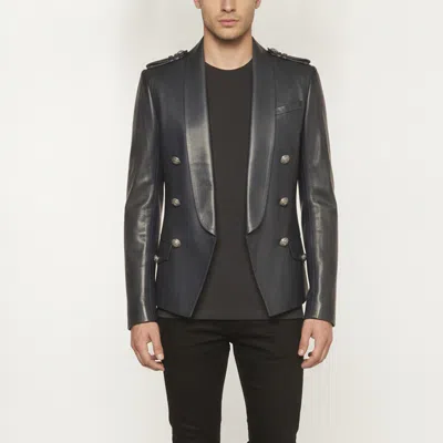Pre-owned Balmain Navy Blue Leather Double Breasted Jacket Xs