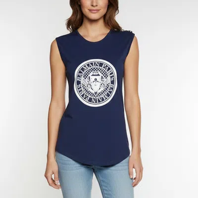 Pre-owned Balmain Navy Blue Logo Graphic Jersey Tank Top S