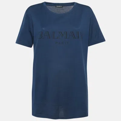 Pre-owned Balmain Navy Blue Logo Print Cotton Half Sleeve T-shirt L