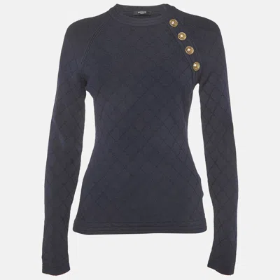 Pre-owned Balmain Navy Blue Stretch Knit Sweatshirt M