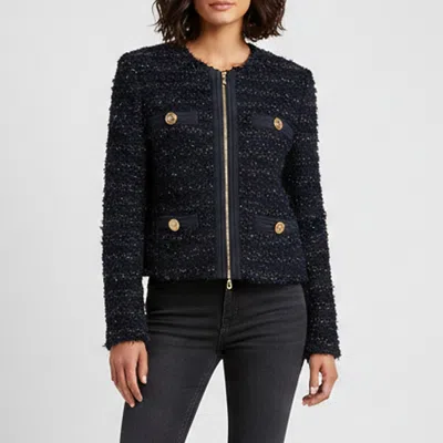 Pre-owned Balmain Navy Blue Textured Boucle Tweed Zip-up Jacket S