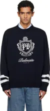 Balmain Navy College Emblem Knit Sweater In Blue