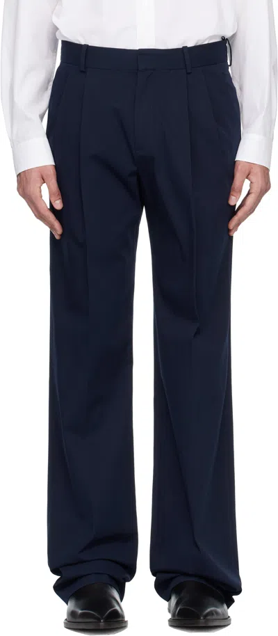 Balmain Navy Cotton Twill Darted Trousers In Blue