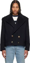 Balmain Navy Cropped Wool Reefer Jacket In Blue