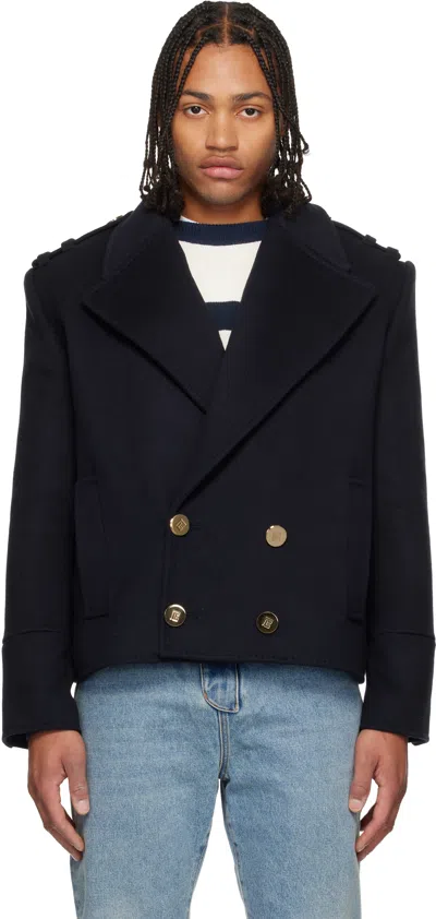 Balmain Navy Cropped Wool Reefer Jacket In Blue