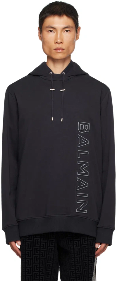 Balmain Navy Embossed Hoodie In Siz Marine/gris