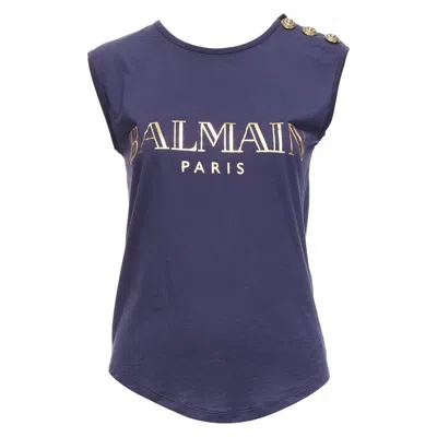 Pre-owned Balmain Navy Gold Foil Logo Military Button Shoulder Tank Top Fr34 Xs In Blue