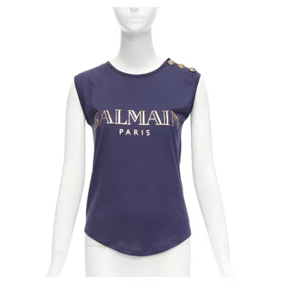 Pre-owned Balmain Navy Gold Foil Logo Military Button Shoulder Tank Top Fr34 Xs In Blue