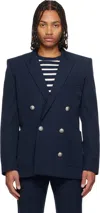 Balmain Double-breasted Grain De Poudre Wool Blazer In Blue