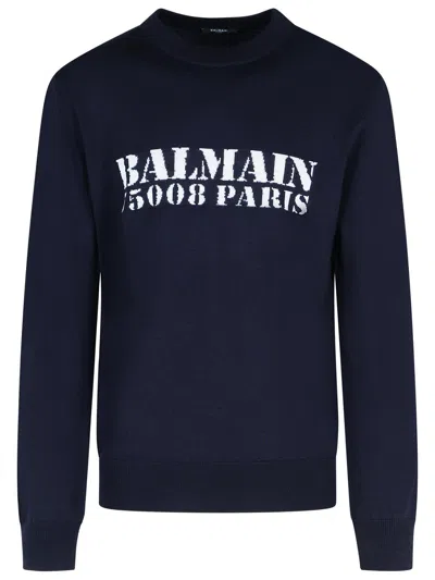 Balmain Navy Merino Wool Sweater Men In Blue