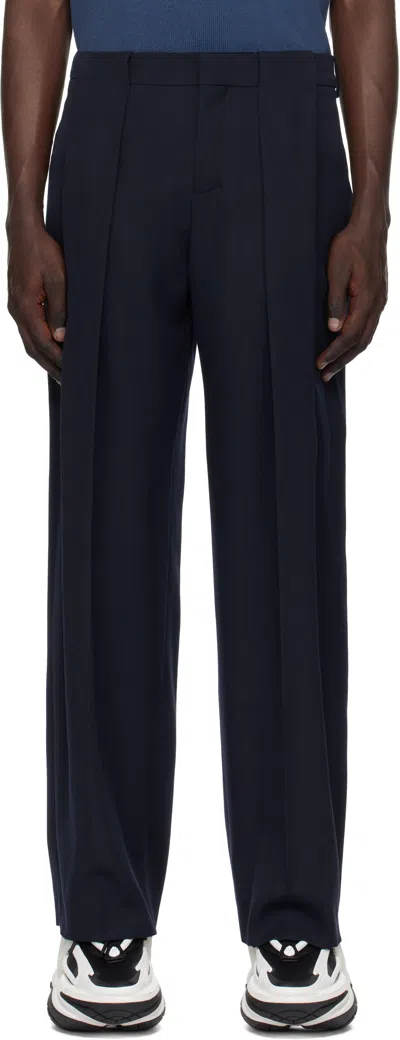 Balmain Navy Pleated Grain De Poudre Trousers In 6ev Marine Fonce