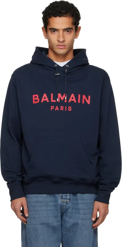 Balmain Navy Printed '' Paris Hoodie In Black