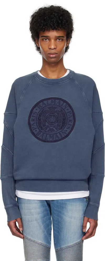 Balmain Navy Ribbed Coin Embroidery Sweatshirt In 6cx Bleu