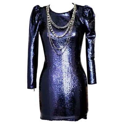 Pre-owned Balmain Navy Sequined Mini Dress With Silver Chains In Blue