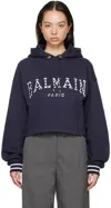 Balmain Navy Vichy Detail Cropped Hoodie In Smn Bleu Nuit/blanc
