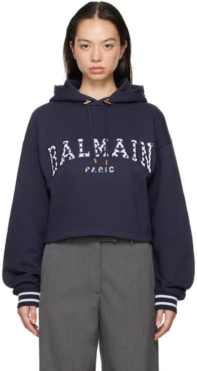 Balmain Navy Vichy Detail Cropped Hoodie In Smn Bleu Nuit/blanc