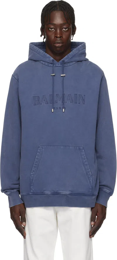 Balmain Navy Vintage '' Embroidered Hoodie In Sos Bleu/bleu