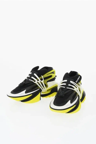 Balmain Neoprene Unicorn Sneakers With Leather Trims In Black