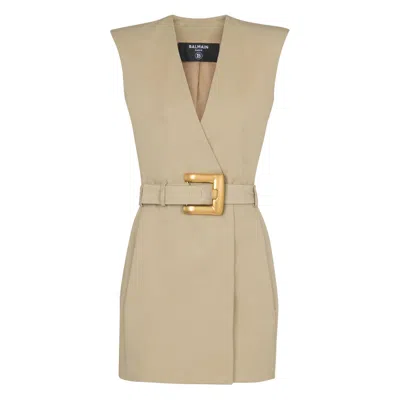 Balmain Wrap Cotton Gabardine Dress Belt Detail In Neutral