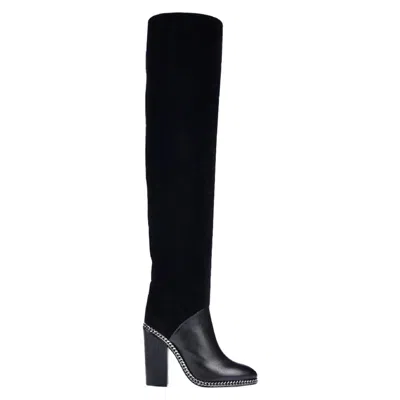 Pre-owned Balmain New  Black Over The Knee Velvet Silver Metal Chain Heel Boots It 39 Us 9