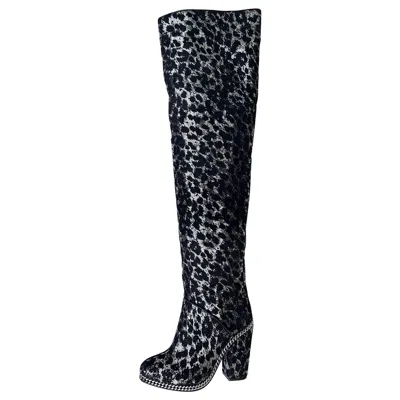 Pre-owned Balmain New  Over-the-knee Leopard Print Glitter Sequin Black Silver Boots 39 - 9