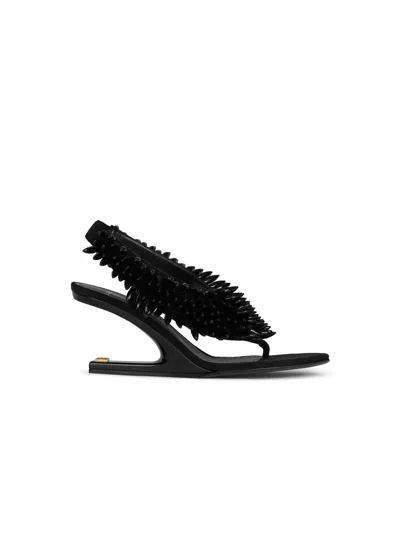 Balmain No Wedge Beaded Suede Sandals In Black