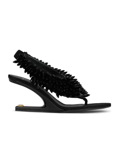 Balmain No Wedge Beaded Suede Sandals In Black