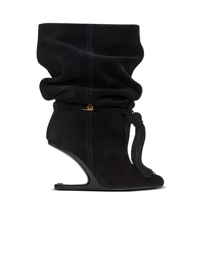 Balmain No Wedge Suede Leather Ankle Boots With Tassel In Black