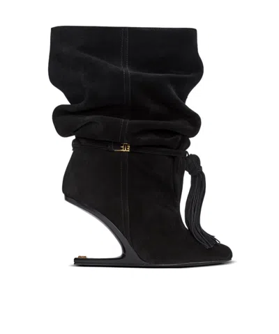 Balmain No Wedge Suede Leather Ankle Boots With Tassel In Black