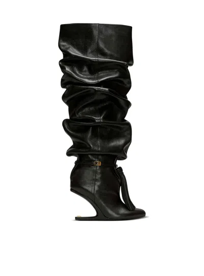 Balmain No Wedge Textured Leather Thigh-high Boots With Tassel In Black