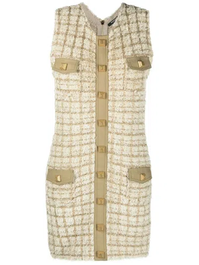 Balmain Textured Tweed Short Dress With Front Pockets In Neutral