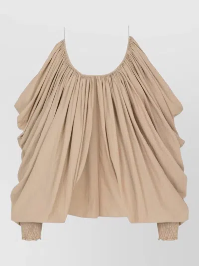 Balmain Off Shoulder Draped Top Long Sleeves In Neutral