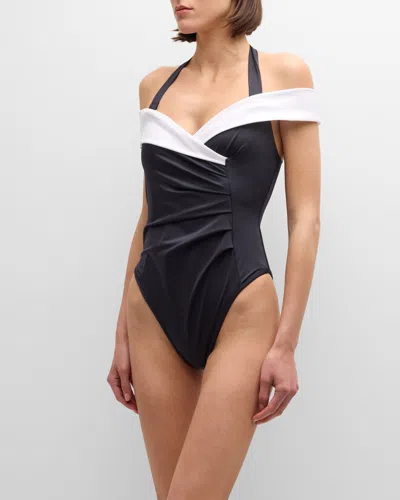 Balmain Off-shoulder Halter One-piece Swimsuit In Blackwhite