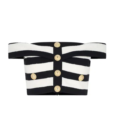 Balmain Striped Cotton Blend Off-shoulder Top In Noir Blanc
