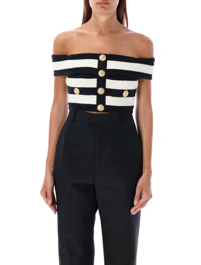 Balmain Striped Cotton Blend Off-shoulder Top In Noir Blanc