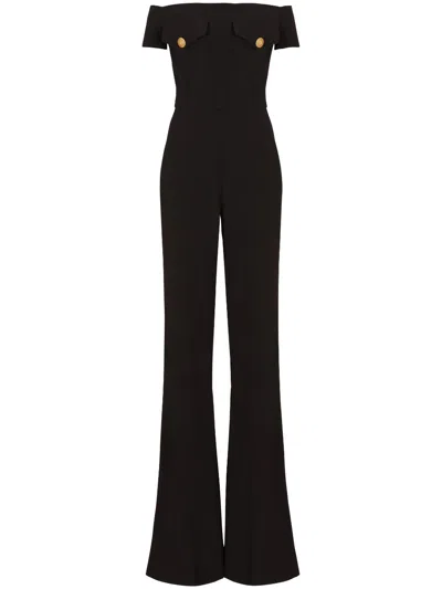 Balmain Off-shoulders Flare Crepe Jumpsuit In Black