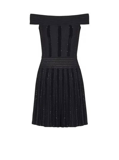 Balmain Off-the-shoulder Metallic Velvet Pleated Knit Mini Dress In Black