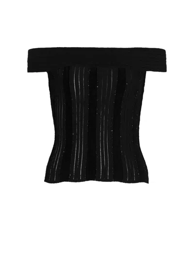 Balmain Off-the-shoulder Glitter Knit Top In Black