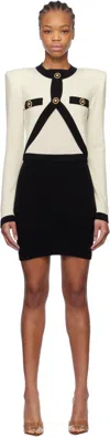 Balmain Off-white & Black Trompe L'oeil Knit Minidress In Gau Naturel/noir