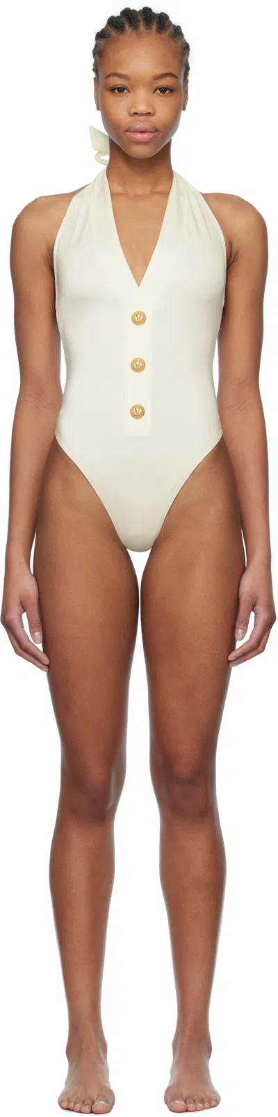 Balmain Off-white Button Swimsuit In 105 Ivory