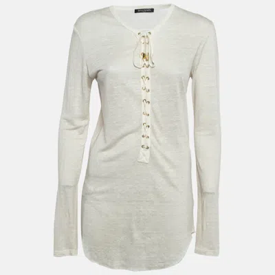 Pre-owned Balmain Off-white Linen Knit Lace-up Top M