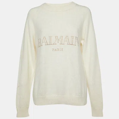 Pre-owned Balmain Off-white Logo Embellished Wool Pullover M