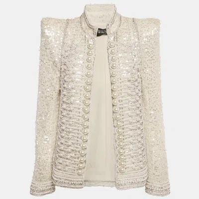Pre-owned Balmain Off White Tweed Embellished Open Front Jacket M