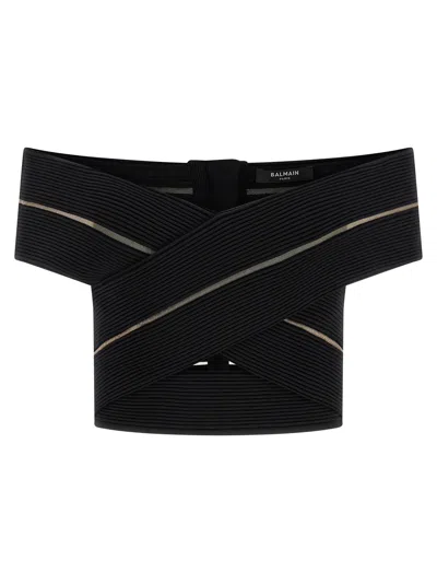 Balmain Off-shoulder Ribbed Stretch Viscose Crop Top In Black