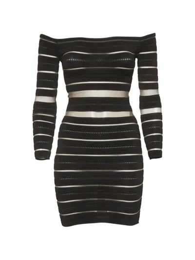 Pre-owned Balmain Off-shoulder Striped Dress In Black