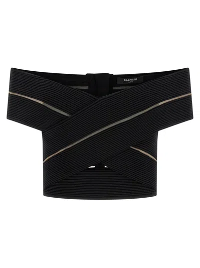 Balmain Shoulder Baring Cropped Top Ribbed Stripes In Black