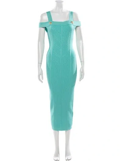 Pre-owned Balmain Off-the-shoulder Midi Length Dress In Blue