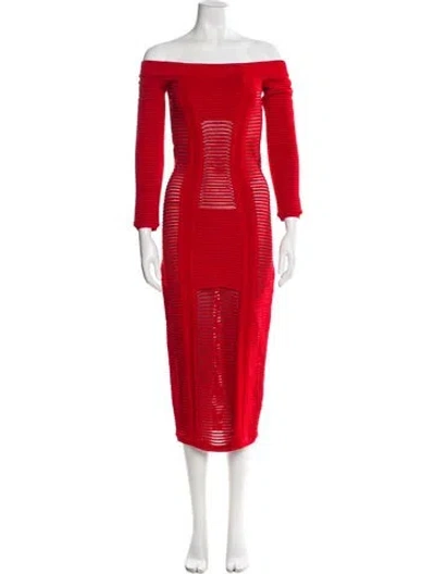 Pre-owned Balmain Off-the-shoulder Midi Length Dress In Red